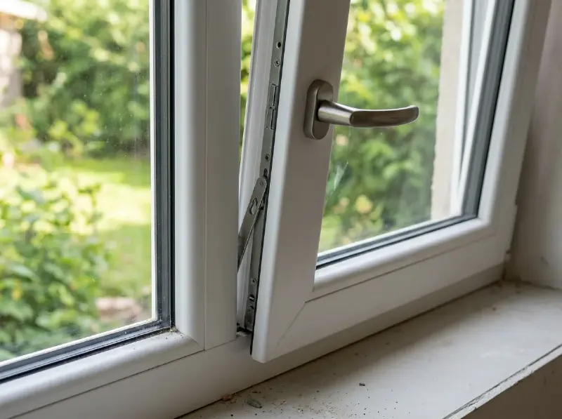 Draaikipraam met het beslag zichtbaar aan de scharnierzijde