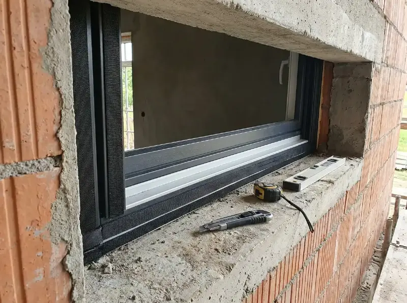 Compriband rond het kader van een nieuw raam voor het in de opening wordt gezet