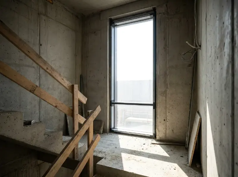 Hoog vast raam in een trapzaal met daglicht